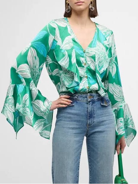 Ramy Brook Savanna Lily-Print Ruffle Button-Front Bell Sleeve Nwt Blouse Sz L